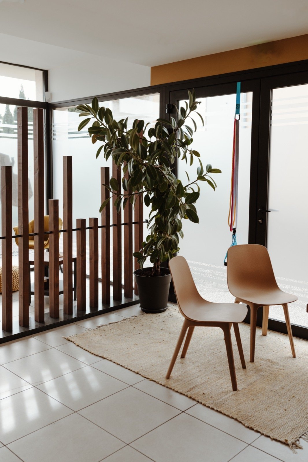Duo Ostéo Crestet : Bureau de consultation lumineux, chaises claires et grande plante